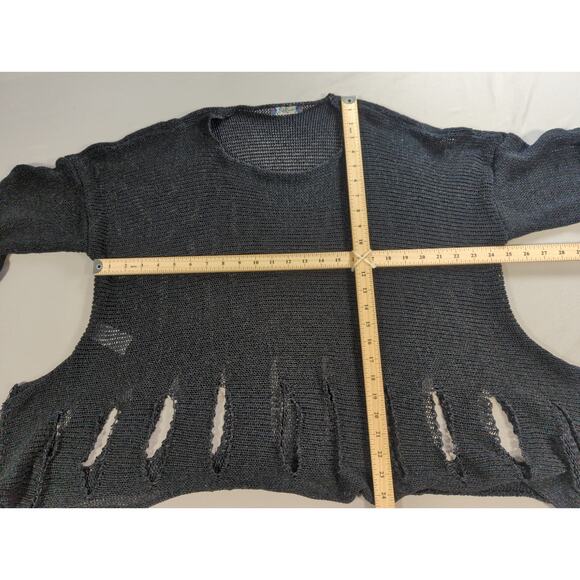 B&K Mode Black Distressed Knit Sweater Women’s Oversized Asymmetrical Hem Top - Picture 7 of 10